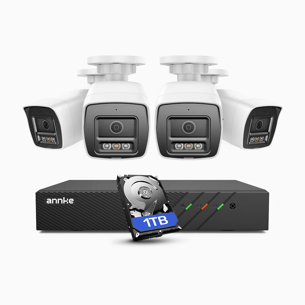 System monitoringu ANNKE 4K 8MP PoE, 4 kamery IP 4K + rejestrator NVR 8-kanałowy, dysk twardy 1 TB, wykrywanie ludzi i pojazdów, wbudowany mikrofon, kolorowy i podczerwony tryb nocny, obsługa RTSP