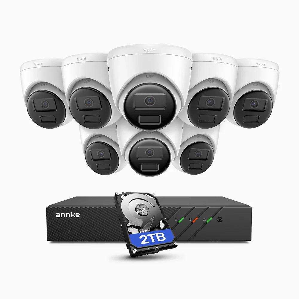 ANNKE zewnętrzny system monitoringu PoE, 8-kanałowy rejestrator NVR H.265+ oraz 8 kamer IP 2K 3MP, nocne widzenie EXIR 2.0, detekcja ruchu, kompresja H.265+, wodoodporność IP67, dysk twardy 2 TB