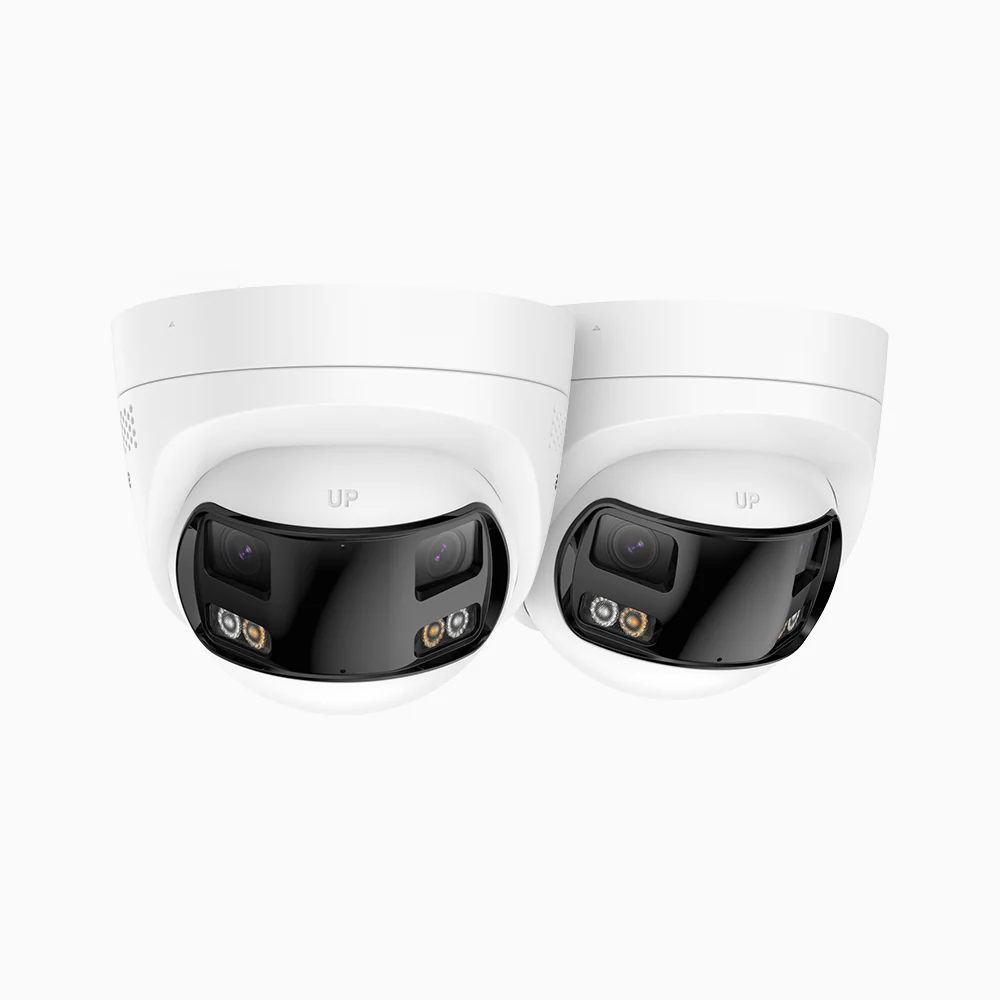 FCD800 - 2 SZT. kamera zewnętrzna bezpieczeństwa PoE 8Mpx 4K z Podwójny obiektyw, panoramiczny widok 180°, inteligentne podwójne oświetlenie nocne, dwukierunkowy dźwięk, aktywna syrena i alarm, wykrywanie ludzi i pojazdów, IP67