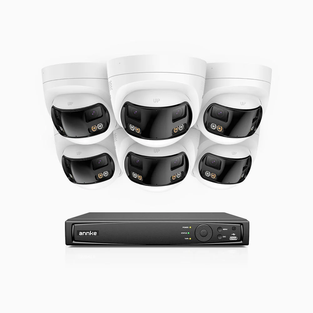 FDH800 - Zestaw do Monitoringu PoE 6 Kamery 8Mpx 4K z 8-Kanałowy Rejestratorem NVR, Podwójny obiektyw, panoramiczny widok 180°, inteligentne podwójne oświetlenie nocne, dwukierunkowy dźwięk, aktywna syrena i alarm, wykrywanie ludzi i pojazdów, IP67