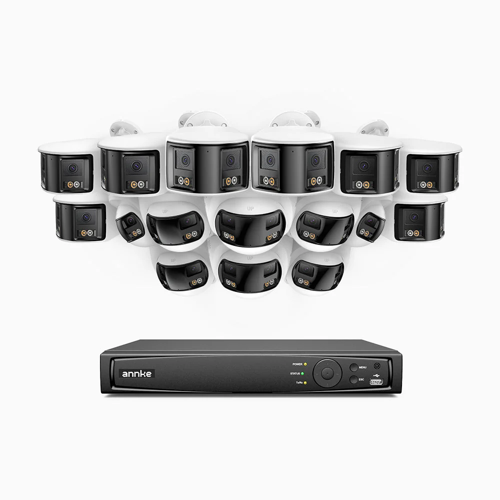 FDH800 - Zestaw do Monitoringu PoE 8 Tubowa & 8 Kopułkowa Kamery 8Mpx 4K z 16-Kanałowy Rejestratorem NVR, panoramiczny widok 180°, inteligentne podwójne oświetlenie nocne, dwukierunkowy dźwięk, aktywna syrena i alarm, wykrywanie ludzi i pojazdów, IP67
