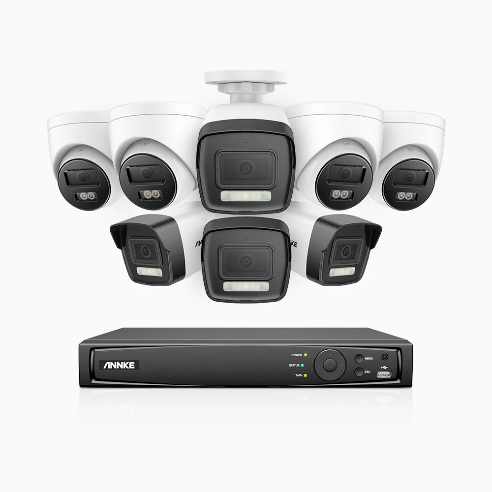 H500P - Zestaw do Monitoringu PoE 8 Kamery (4 Tubowa & 4 Kopułkowa) 3K z 16-Kanałowy Rejestratorem NVR, Noktowizja Pelny Kolor & EXIR, rozdzielczość 3072*1728, przysłona f/1.6 (0.005 Lux), detekcja ludzi i pojazdów, wbudowany mikrofon, IP67