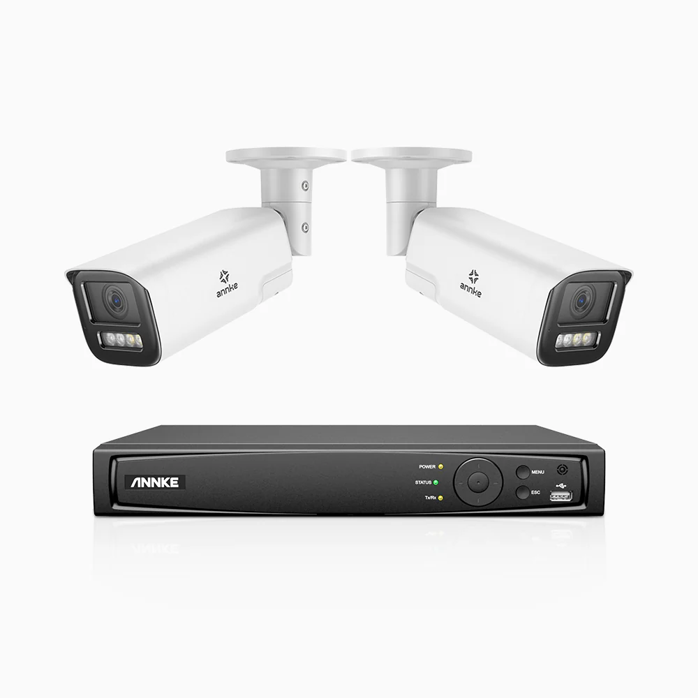 HZ804 - Zestaw do Monitoringu PoE 2 Kamery 4K z 4-Kanałowy Rejestratorem NVR, Zoom Optycznym 4X, Noktowizja podwójne światło, detekcja ruchu 2.0, Wbudowany mikrofon, syrena i stroboskop