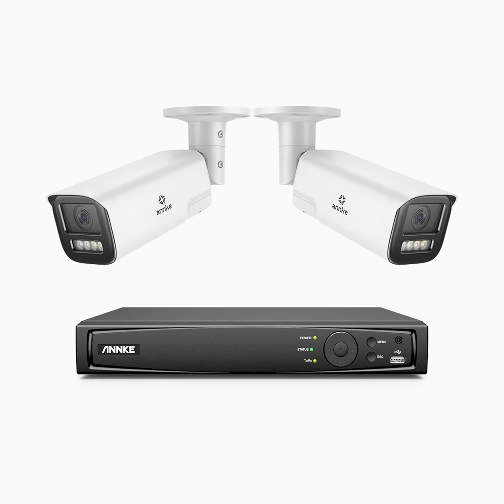 HZ804 - Zestaw do Monitoringu PoE 2 Kamery 4K z 8-Kanałowy Rejestratorem NVR, Zoom Optycznym 4X, Noktowizja podwójne światło, detekcja ruchu 2.0, Wbudowany mikrofon, syrena i stroboskop