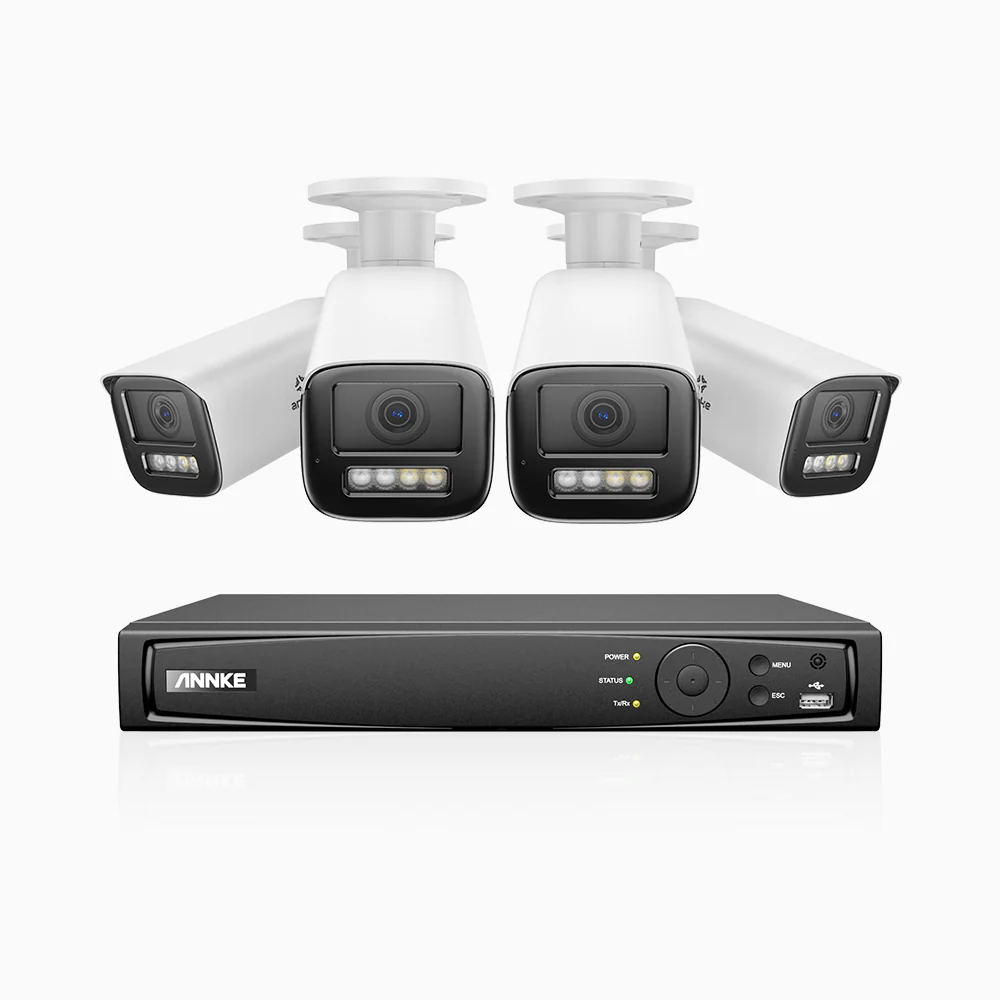 HZ804 - Zestaw do Monitoringu PoE 4 Kamery 4K z 4-Kanałowy Rejestratorem NVR, Zoom Optycznym 4X, Noktowizja podwójne światło, detekcja ruchu 2.0, Wbudowany mikrofon, syrena i stroboskop