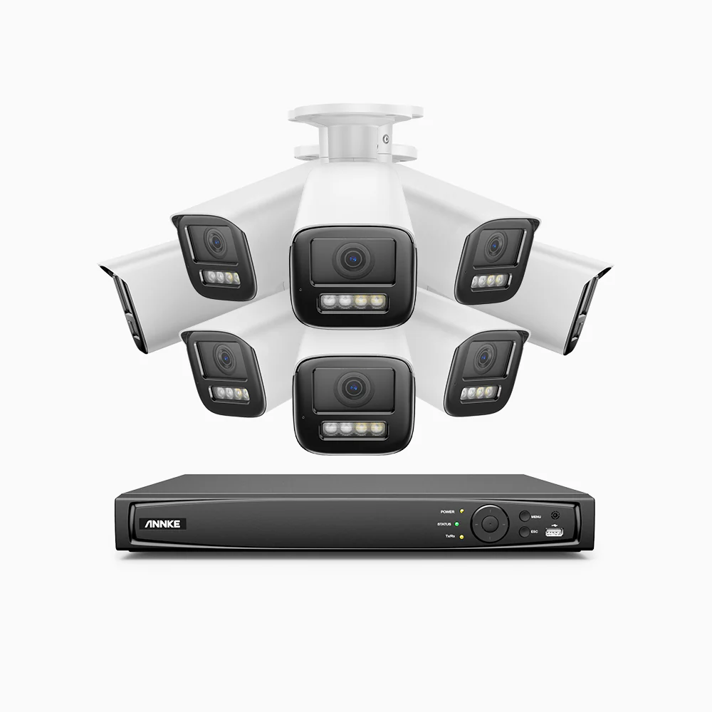 HZ804 - Zestaw do Monitoringu PoE 8 Kamery 4K z 16-Kanałowy Rejestratorem NVR, Zoom Optycznym 4X, Noktowizja podwójne światło, detekcja ruchu 2.0, Wbudowany mikrofon, syrena i stroboskop