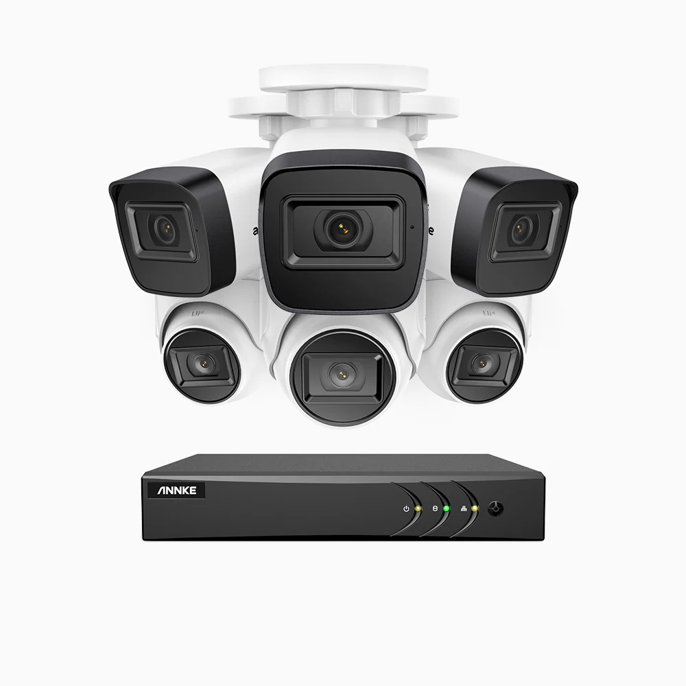 EL200 - Zestaw do Monitoringu Przewodowa 3 Tubowa & 3 Kopułkowa Kamery 1080P z 8-Kanałowy Rejestratorem Hybrydowy, inteligentnym rejestratorem DVR z wykrywaniem ludzi i pojazdów, Noktowizja EXIR, sygnałem wyjściowym 4 w 1, IP67