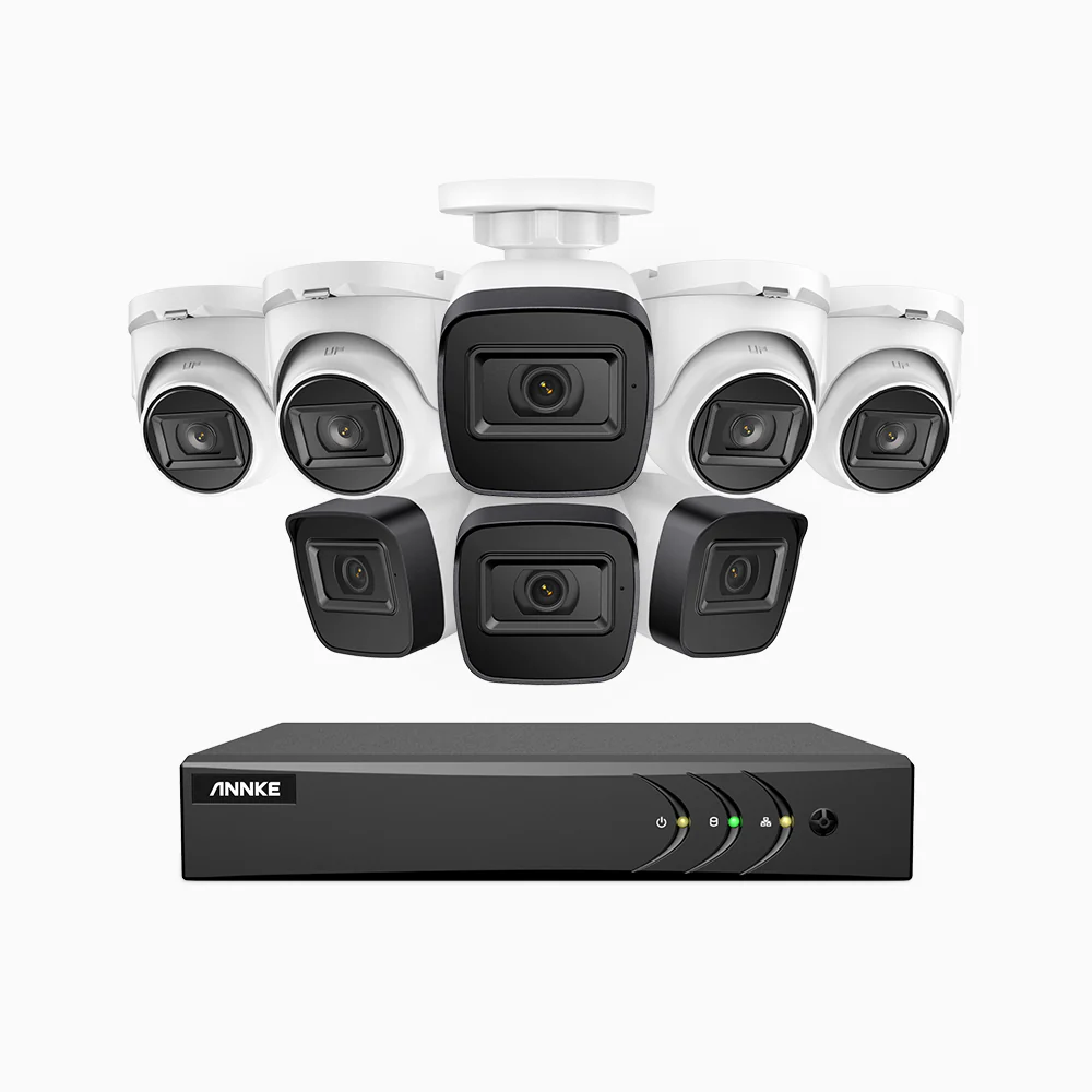 EL200 - Zestaw do Monitoringu Przewodowa 4 Tubowa & 4 Kopułkowa Kamery 1080P z 16-Kanałowy Rejestratorem Hybrydowy, inteligentnym rejestratorem DVR z wykrywaniem ludzi i pojazdów, Noktowizja EXIR, sygnałem wyjściowym 4 w 1, IP67