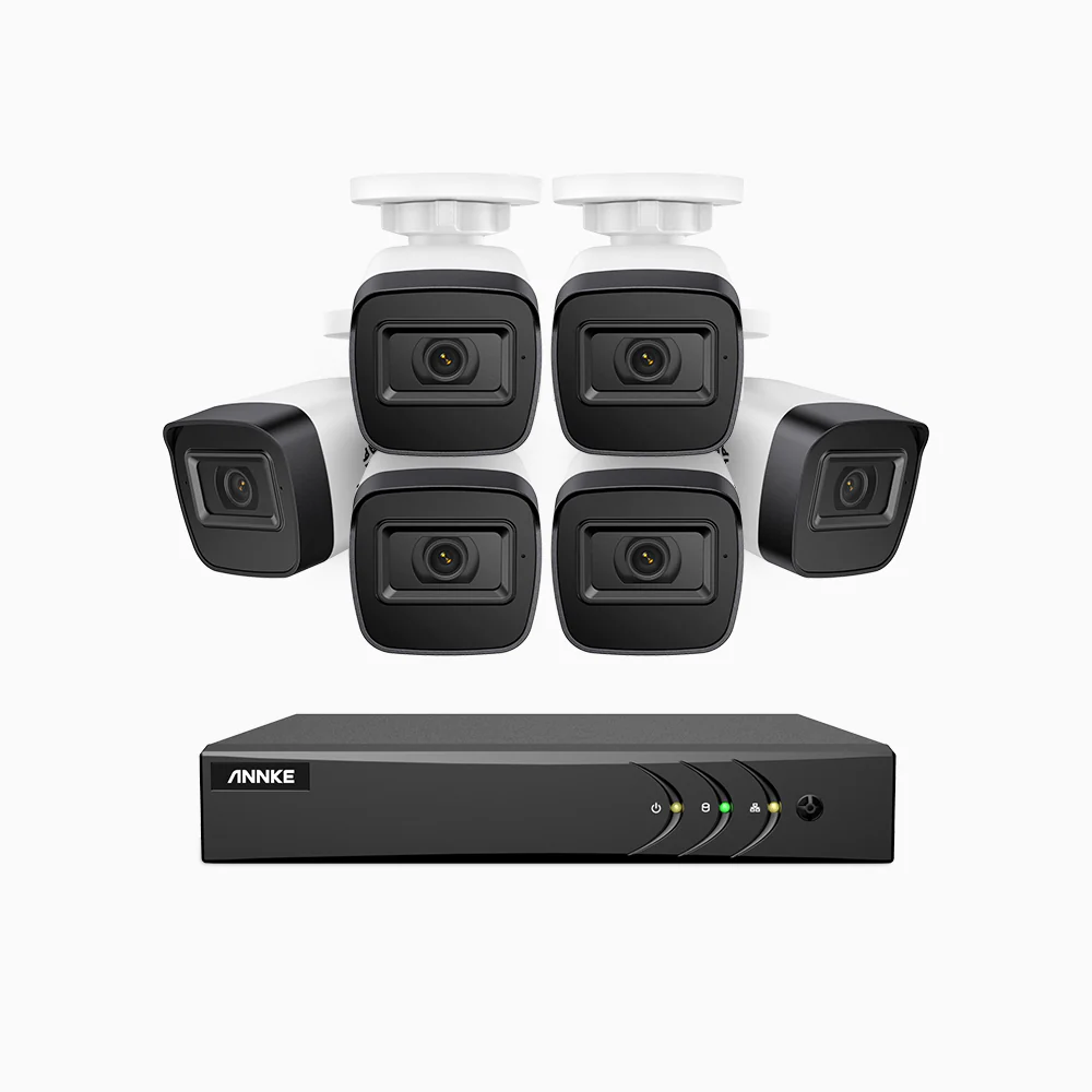 EL200 - Zestaw do Monitoringu Przewodowa 6 Kamery 1080P z 8-Kanałowy Rejestratorem Hybrydowy, inteligentnym rejestratorem DVR z wykrywaniem ludzi i pojazdów, Noktowizja EXIR, sygnałem wyjściowym 4 w 1, IP67