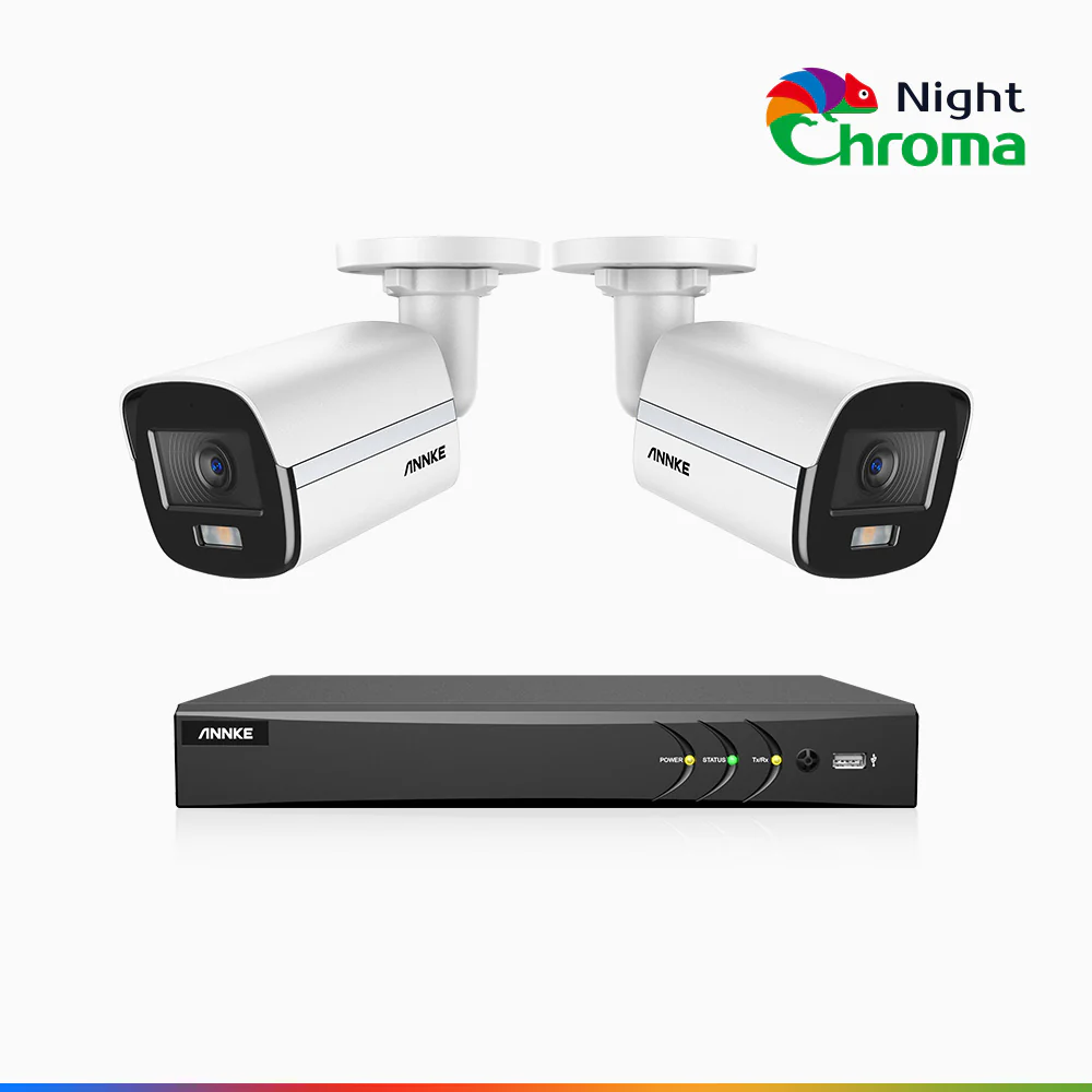 NightChroma<sup>TM</sup> NAK500 - Zestaw do Monitoringu 2 Przewodowa Kamery 3K z 8-Kanałowy Rejestratorem DVR, Noktowizja Pelny Kolor, 2960 × 1665 pikseli, Przysłona f/1.0 (0,001 Lux), Wbudowany Mikrofon, IP67, Zaktualizowana Wersja